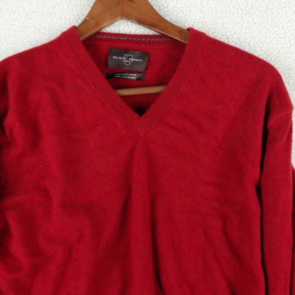 Black Brown Sweater Mens Large Red Cashmere Lightweight V Neck Preppy - Picture 2 of 12